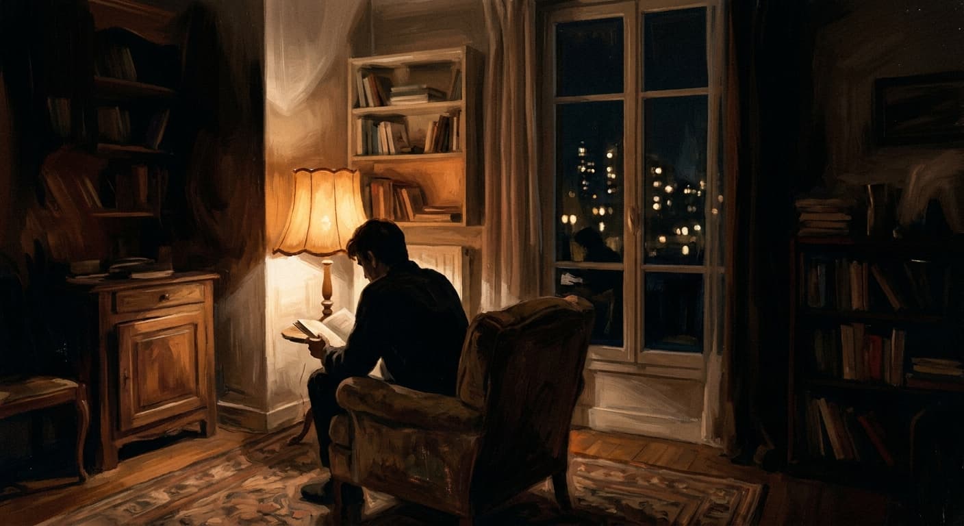 A person reads in an armchair by the window, under a warm lamp, city lights in the distance
