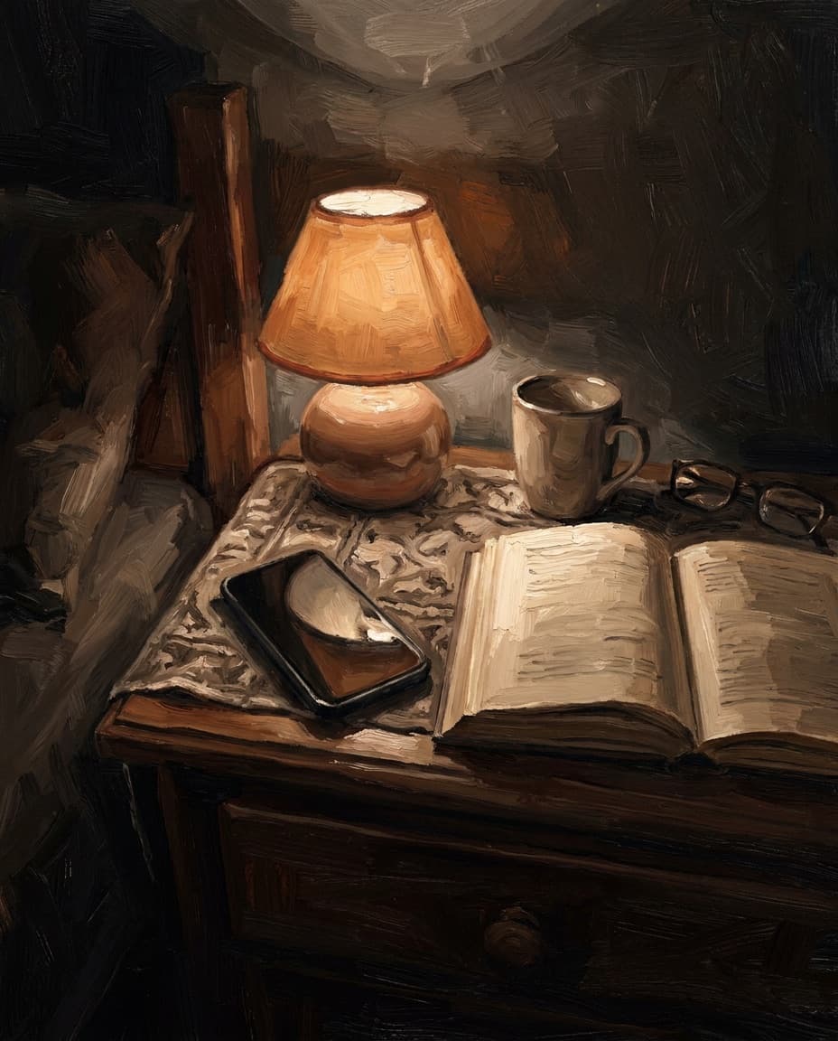 A nightstand: a lamp, an open book, and a phone placed face down