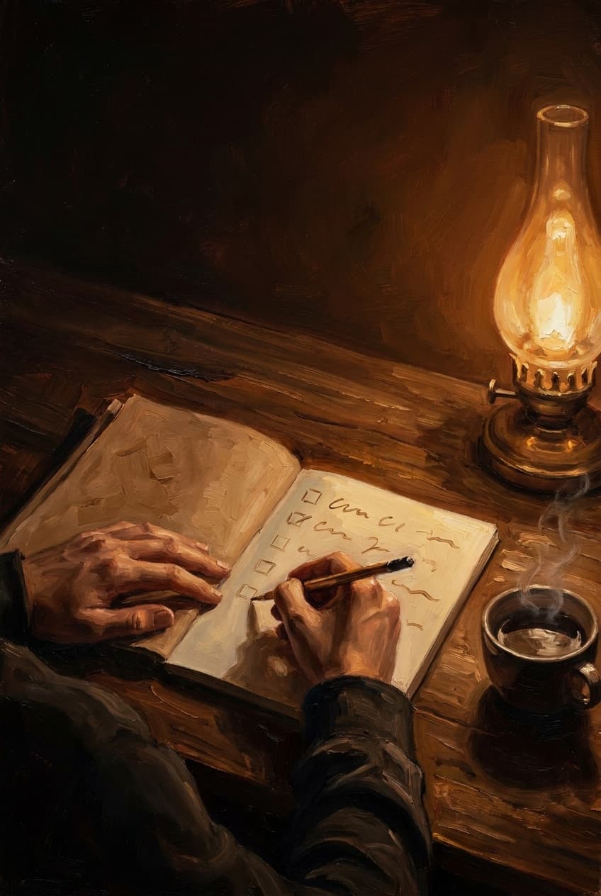 Hands writing a short checklist plan in a notebook by warm lamplight